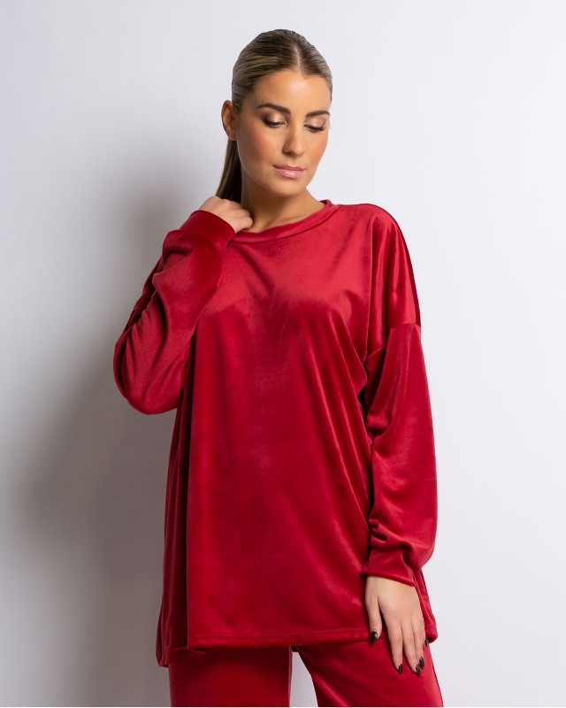 Σετ μπλούζα με λαιμόκοψη και παντελόνα βελουτέ κόκκινο