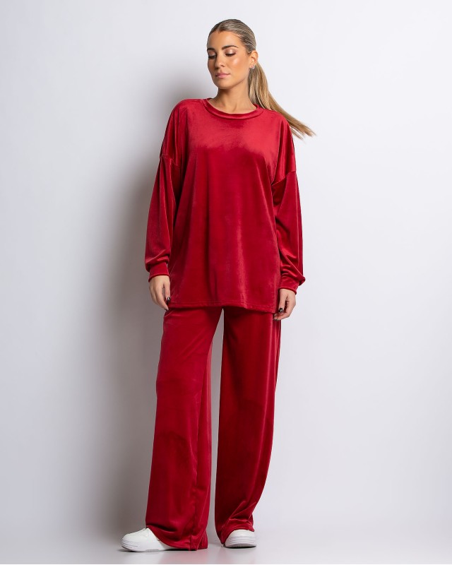 Σετ μπλούζα με λαιμόκοψη και παντελόνα βελουτέ κόκκινο