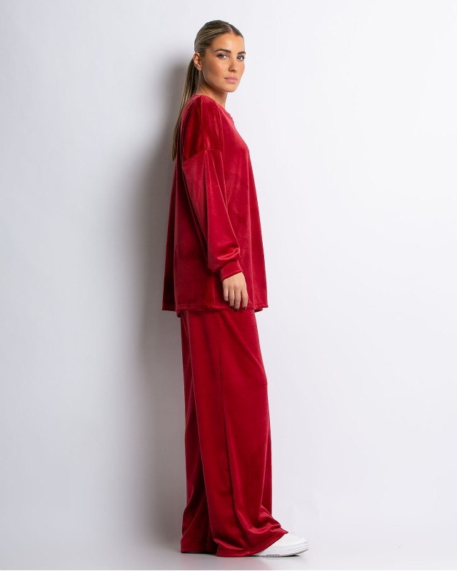 Σετ μπλούζα με λαιμόκοψη και παντελόνα βελουτέ κόκκινο