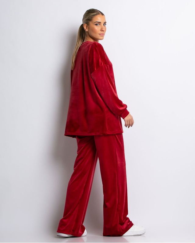 Σετ μπλούζα με λαιμόκοψη και παντελόνα βελουτέ κόκκινο