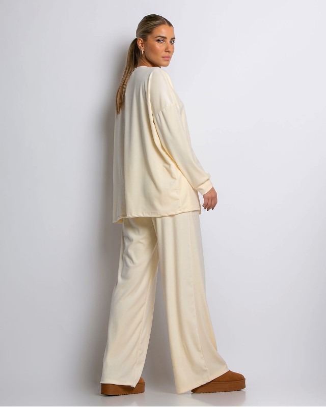 Σετ μπλούζα με λαιμόκοψη και παντελόνα βελουτέ εκρού