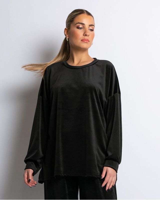 Σετ μπλούζα με λαιμόκοψη και παντελόνα βελουτέ μαύρο