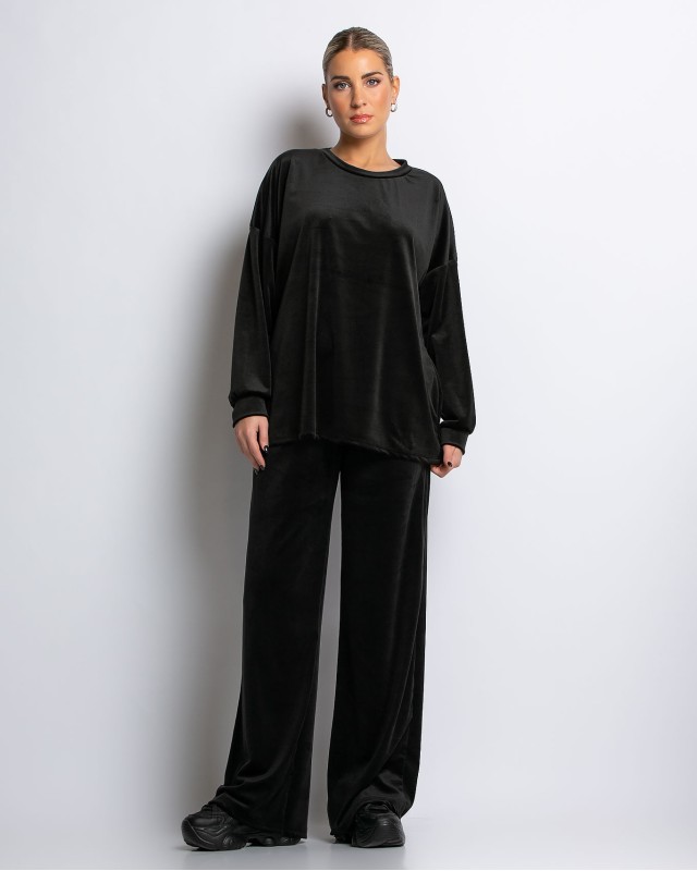 Σετ μπλούζα με λαιμόκοψη και παντελόνα βελουτέ μαύρο