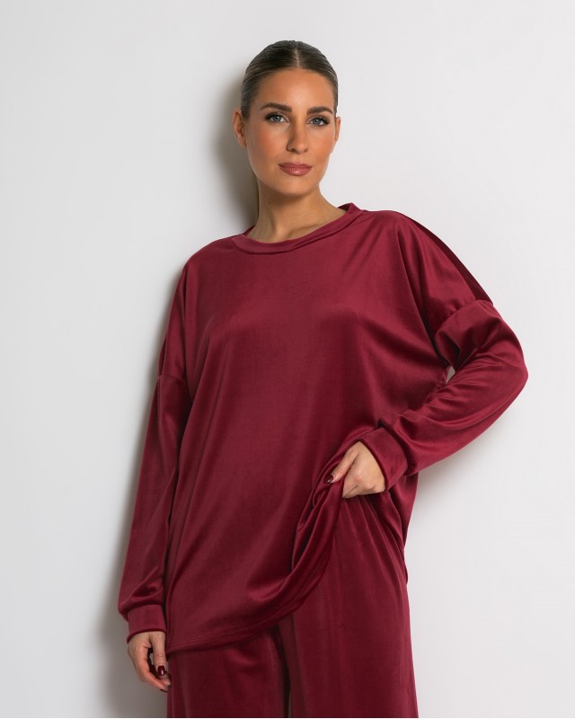 Σετ μπλούζα με λαιμόκοψη και παντελόνα βελουτέ cherry