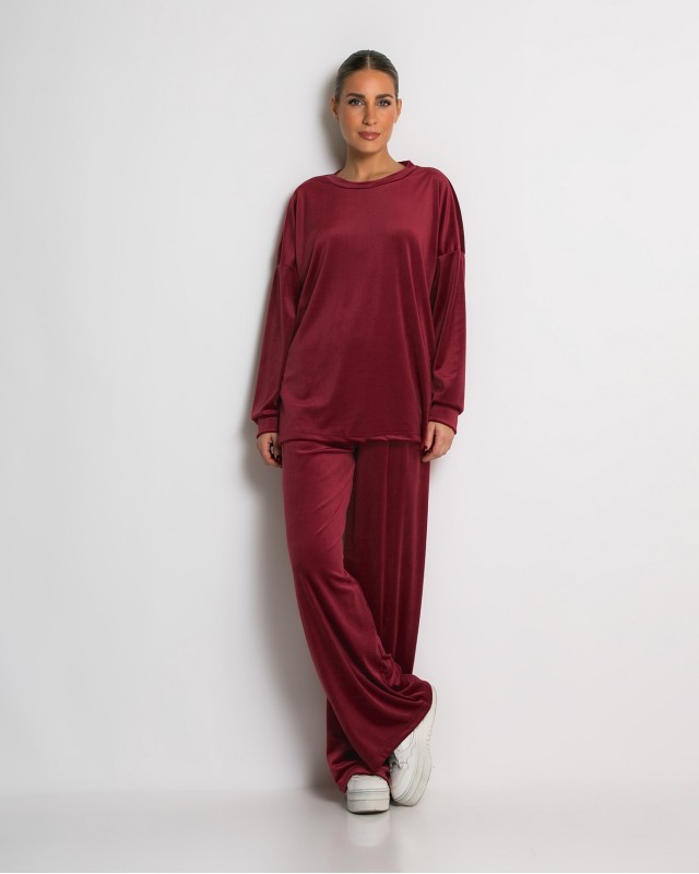 Σετ μπλούζα με λαιμόκοψη και παντελόνα βελουτέ cherry