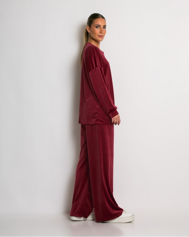 Σετ μπλούζα με λαιμόκοψη και παντελόνα βελουτέ cherry