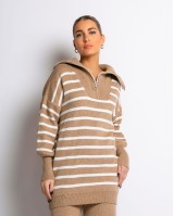Σετ πλεκτό μπλούζα με φερμουάρ και παντελόνι ριγέ μπεζ