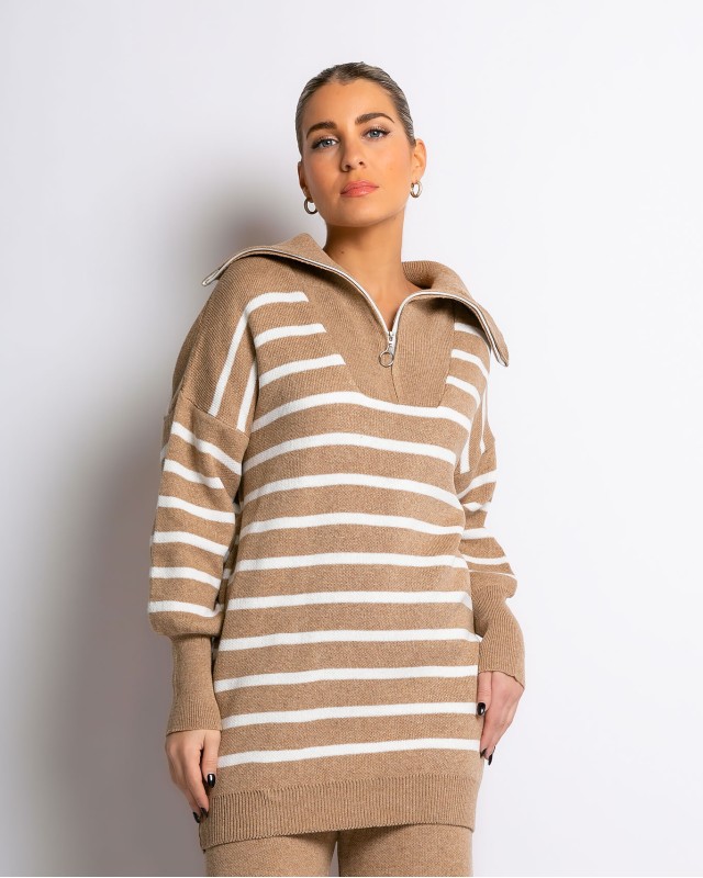 Σετ πλεκτό μπλούζα με φερμουάρ και παντελόνι ριγέ μπεζ