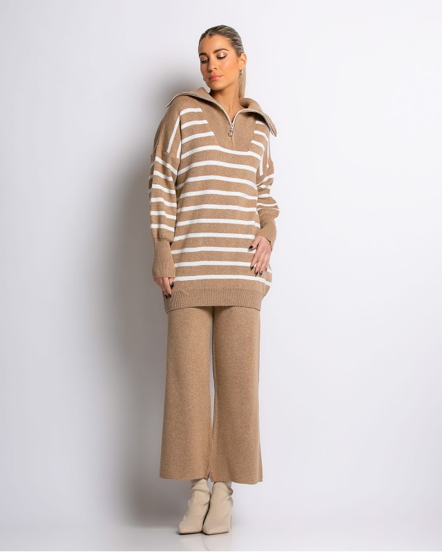 Σετ πλεκτό μπλούζα με φερμουάρ και παντελόνι ριγέ μπεζ