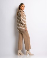 Σετ πλεκτό μπλούζα με φερμουάρ και παντελόνι ριγέ μπεζ