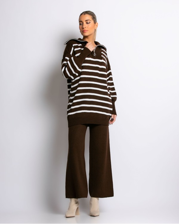 Σετ πλεκτό μπλούζα με φερμουάρ και παντελόνι ριγέ λευκό