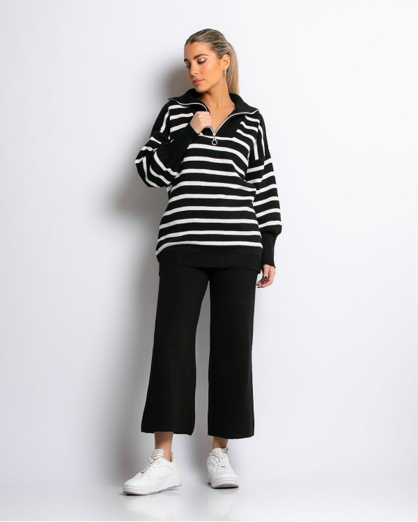 Σετ πλεκτό μπλούζα με φερμουάρ και παντελόνι ριγέ λευκό