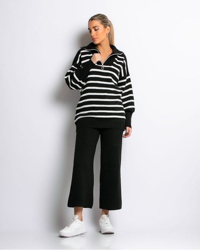 Σετ πλεκτό μπλούζα με φερμουάρ και παντελόνι ριγέ μαύρο