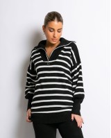 Σετ πλεκτό μπλούζα με φερμουάρ και παντελόνι ριγέ μαύρο