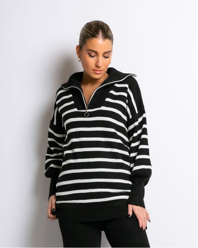 Σετ πλεκτό μπλούζα με φερμουάρ και παντελόνι ριγέ μαύρο