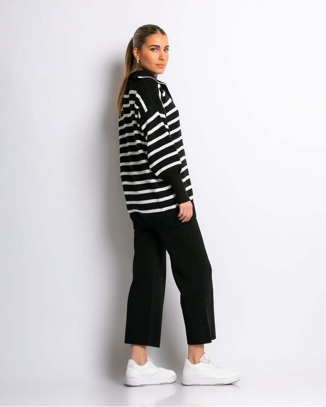 Σετ πλεκτό μπλούζα με φερμουάρ και παντελόνι ριγέ μαύρο