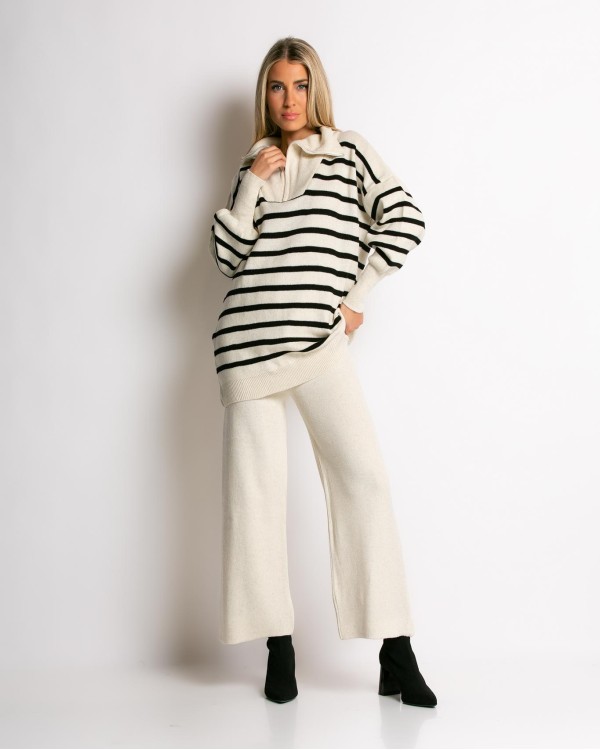 Σετ πλεκτό μπλούζα με φερμουάρ και παντελόνι ριγέ λευκό