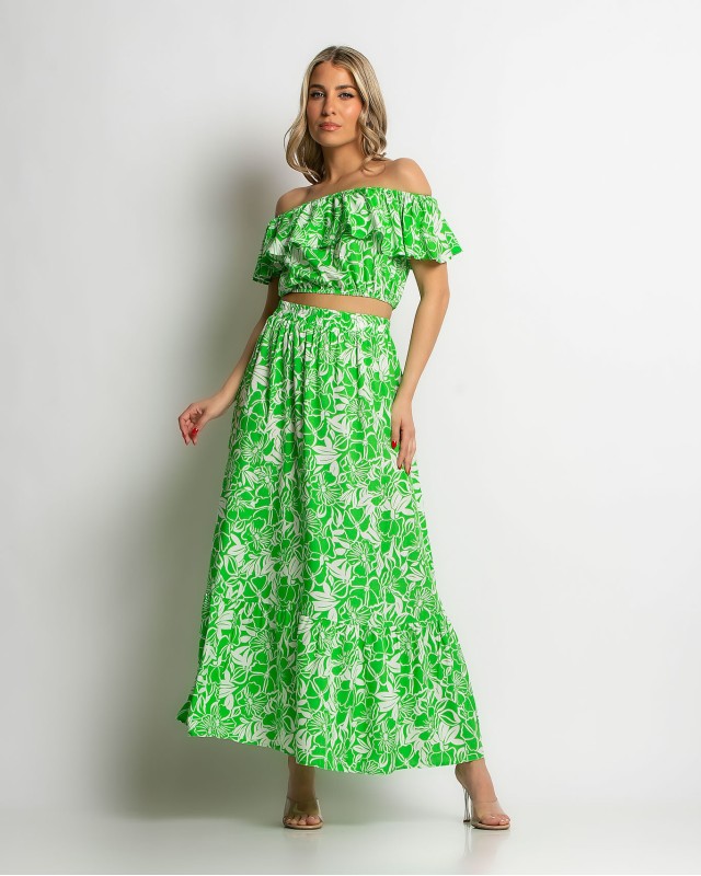 Σετ crop top και φούστα με λάστιχο στην μέση εμπριμέ πράσινο