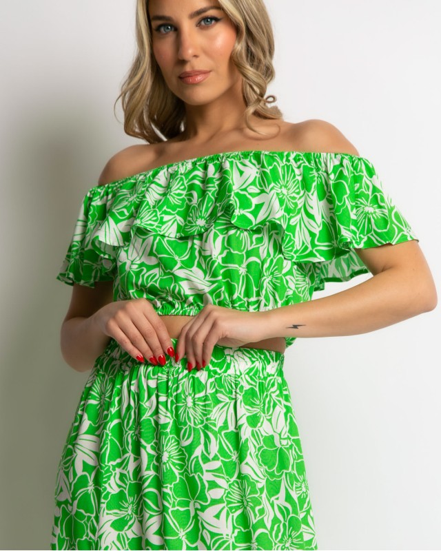 Σετ crop top και φούστα με λάστιχο στην μέση εμπριμέ πράσινο