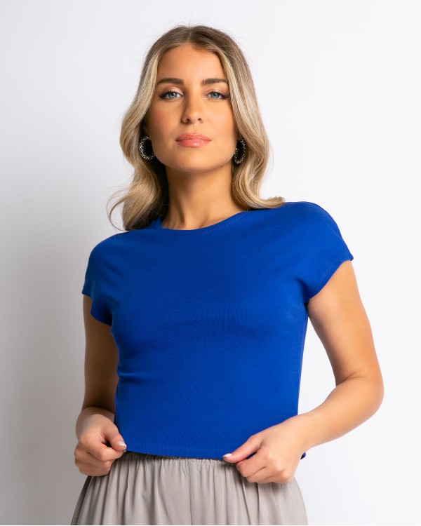 Μπλούζα crop top βαμβακερή ζαπονέ μπλε ρουά