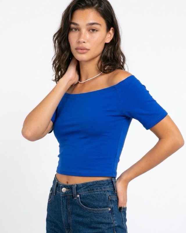 Μπλούζα Crop top με χαμηλούς ώμους μπλε ρουά