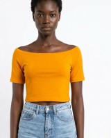 Μπλούζα Crop top με χαμηλούς ώμους Μουσταρδί