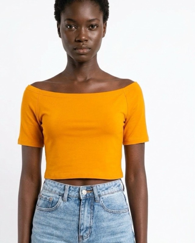 Μπλούζα Crop top με χαμηλούς ώμους Μουσταρδί