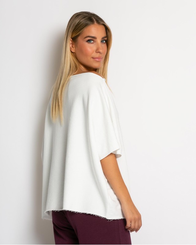 Μπλούζα φούτερ αχνούδιαστο αμάνικη με ανοιχτή λαιμόκοψη λευκό