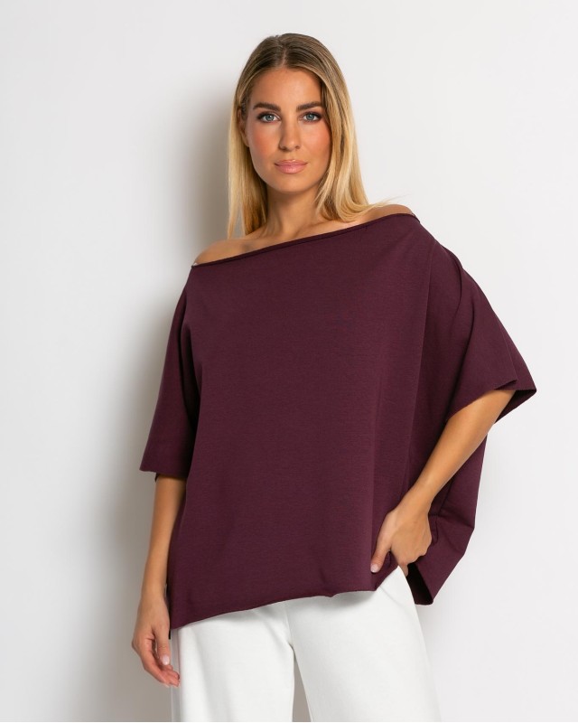 Μπλούζα φούτερ αχνούδιαστο αμάνικη με ανοιχτή λαιμόκοψη δαμασκηνί