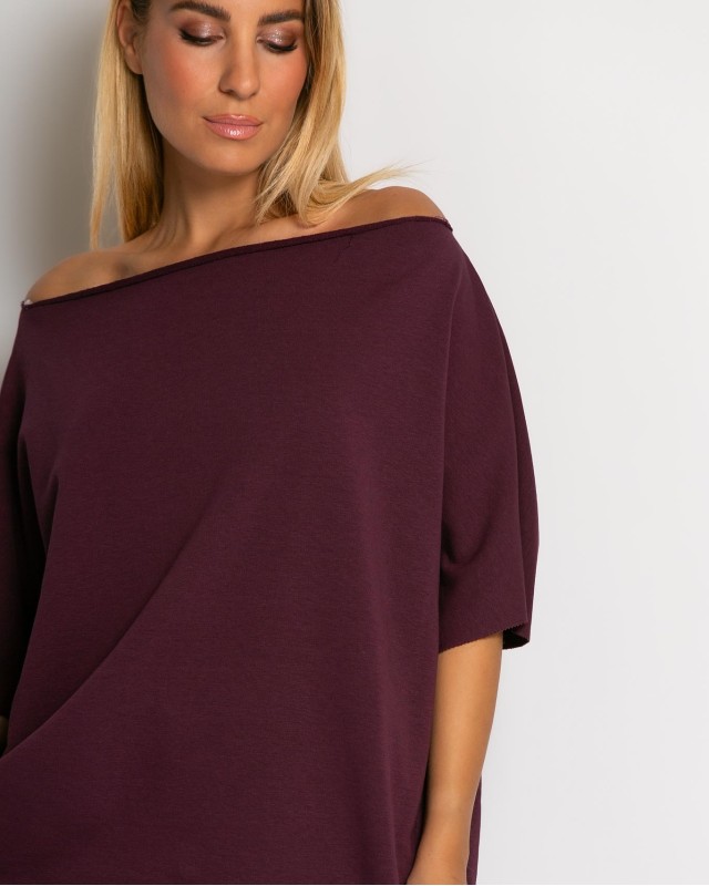 Μπλούζα φούτερ αχνούδιαστο αμάνικη με ανοιχτή λαιμόκοψη δαμασκηνί