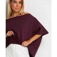 Μπλούζα φούτερ αχνούδιαστο αμάνικη με ανοιχτή λαιμόκοψη δαμασκηνί