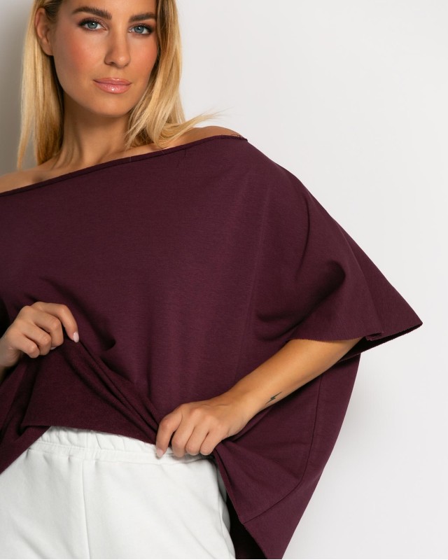 Μπλούζα φούτερ αχνούδιαστο αμάνικη με ανοιχτή λαιμόκοψη δαμασκηνί