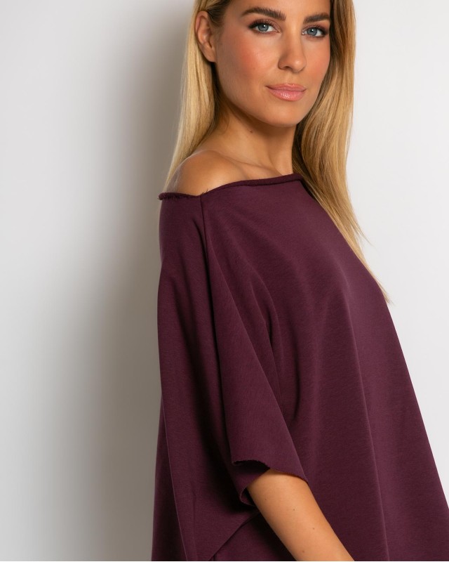 Μπλούζα φούτερ αχνούδιαστο αμάνικη με ανοιχτή λαιμόκοψη δαμασκηνί