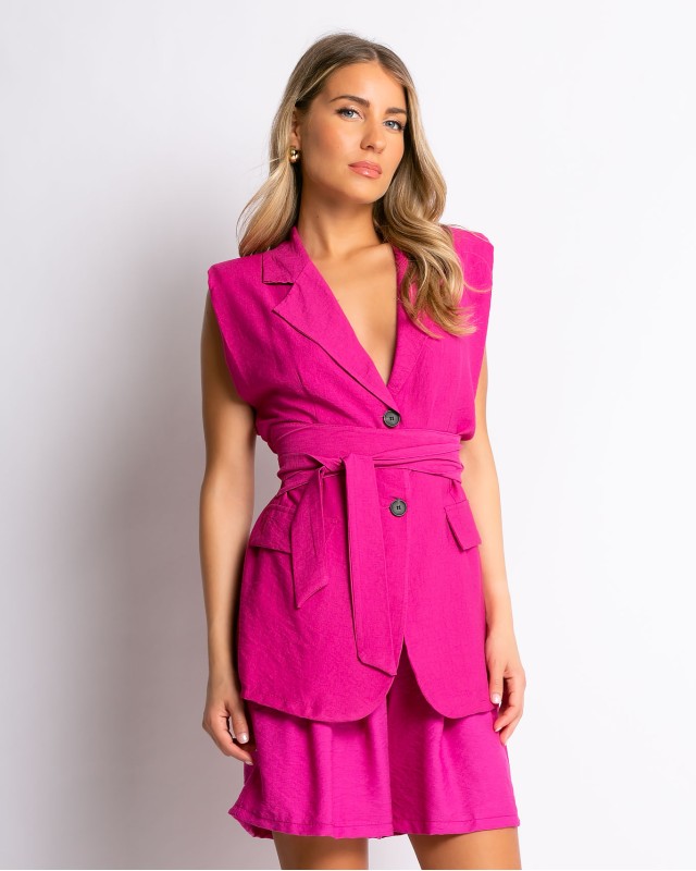 Σετ μακρύ γιλέκο με βάτες και σορτς magenta