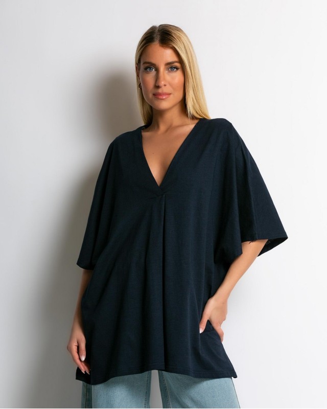 Μπλούζα ζαπονέ oversized με "V" και πιέτα μπροστά navy Μπλούζα ζαπονέ oversized με "V" και πιέτα μπροστά navy