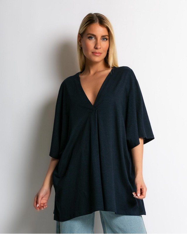 Μπλούζα ζαπονέ oversized με "V" και πιέτα μπροστά navy Μπλούζα ζαπονέ oversized με "V" και πιέτα μπροστά navy