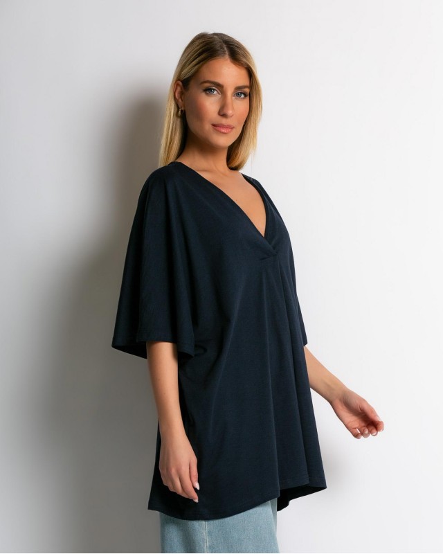 Μπλούζα ζαπονέ oversized με "V" και πιέτα μπροστά navy Μπλούζα ζαπονέ oversized με "V" και πιέτα μπροστά navy
