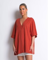 Μπλούζα ζαπονέ oversized με "V" και πιέτα μπροστά κεραμιδί Μπλούζα ζαπονέ oversized με "V" και πιέτα μπροστά κεραμιδί