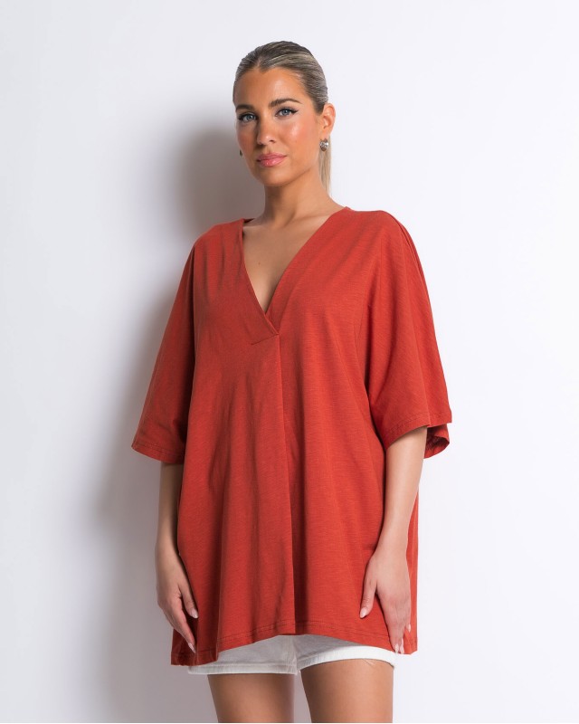 Μπλούζα ζαπονέ oversized με "V" και πιέτα μπροστά κεραμιδί Μπλούζα ζαπονέ oversized με "V" και πιέτα μπροστά κεραμιδί