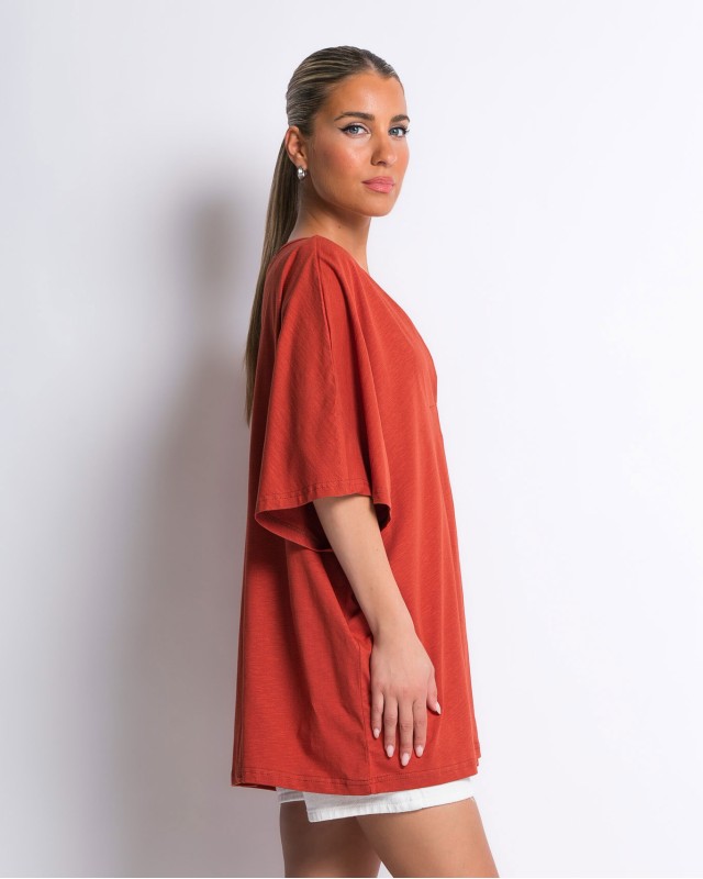 Μπλούζα ζαπονέ oversized με "V" και πιέτα μπροστά κεραμιδί Μπλούζα ζαπονέ oversized με "V" και πιέτα μπροστά κεραμιδί