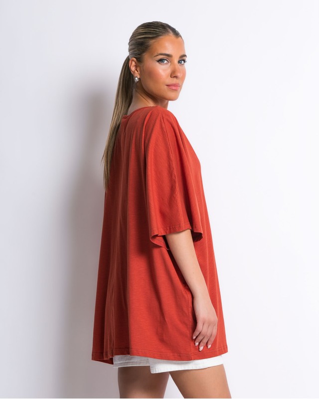 Μπλούζα ζαπονέ oversized με "V" και πιέτα μπροστά κεραμιδί Μπλούζα ζαπονέ oversized με "V" και πιέτα μπροστά κεραμιδί