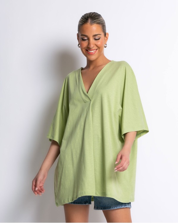 Μπλούζα ζαπονέ oversized με "V" και πιέτα μπροστά λαδί