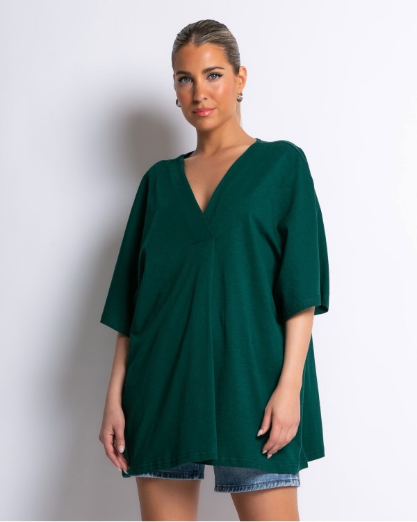 Μπλούζα ζαπονέ oversized με "V" και πιέτα μπροστά ταμπά
