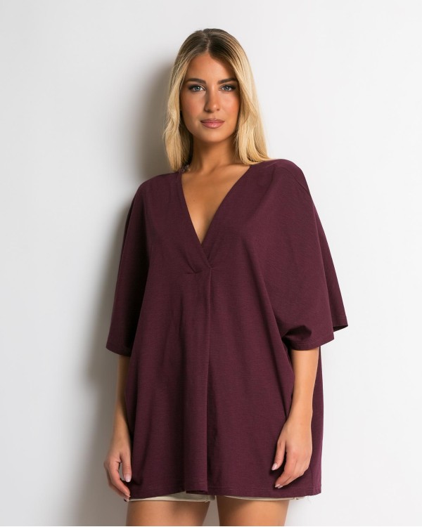 Μπλούζα ζαπονέ oversized με "V" και πιέτα μπροστά λαδί