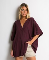 Μπλούζα ζαπονέ oversized με "V" και πιέτα μπροστά δαμασκηνί Μπλούζα ζαπονέ oversized με "V" και πιέτα μπροστά δαμασκηνί