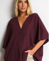 Μπλούζα ζαπονέ oversized με "V" και πιέτα μπροστά δαμασκηνί Μπλούζα ζαπονέ oversized με "V" και πιέτα μπροστά δαμασκηνί