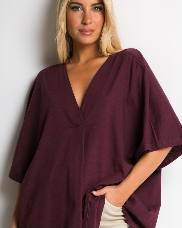 Μπλούζα ζαπονέ oversized με "V" και πιέτα μπροστά δαμασκηνί Μπλούζα ζαπονέ oversized με "V" και πιέτα μπροστά δαμασκηνί