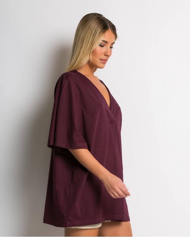 Μπλούζα ζαπονέ oversized με "V" και πιέτα μπροστά δαμασκηνί Μπλούζα ζαπονέ oversized με "V" και πιέτα μπροστά δαμασκηνί