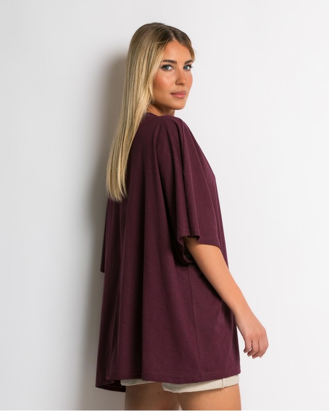 Μπλούζα ζαπονέ oversized με "V" και πιέτα μπροστά δαμασκηνί Μπλούζα ζαπονέ oversized με "V" και πιέτα μπροστά δαμασκηνί