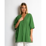 Μπλούζα ζαπονέ oversized με "V" και πιέτα μπροστά λαδί